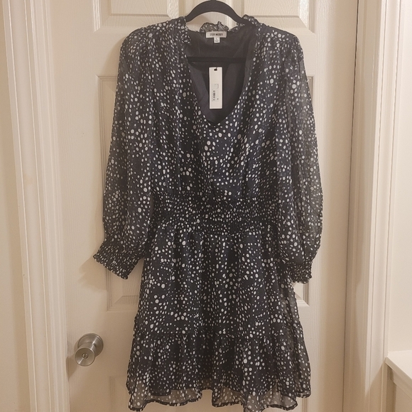 STEVE MADDEN V-Neck Long Sleeve Dot Smocked Waist Minidress  Size L - Picture 9 of 12